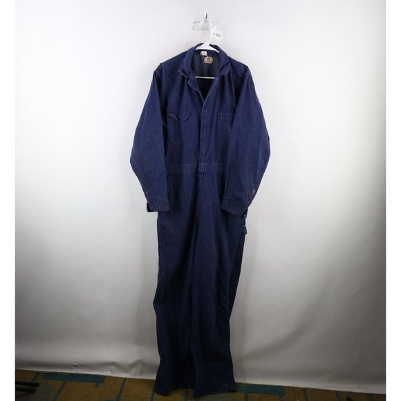 Vintage 60s 70s Big Ben Wrangler Mens 42L Thrashed Denim Coveralls Bibs Blue USA